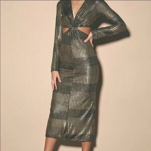 Lulus Always a Party Gold Metallic Twist-Front Cutout Midi Dress XS NWT